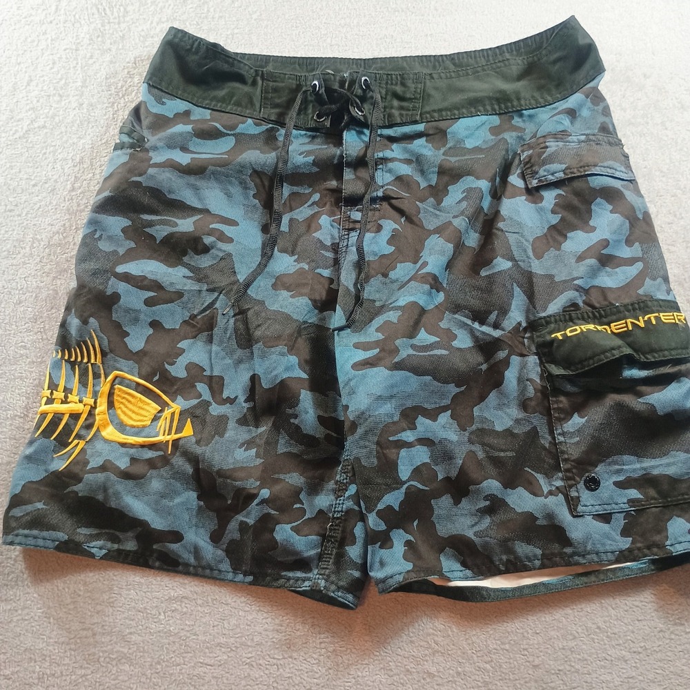 Tormenter Men Board Shorts Blue‎ Camo 36 Embroidered Fish Skeleton Cargo Utility